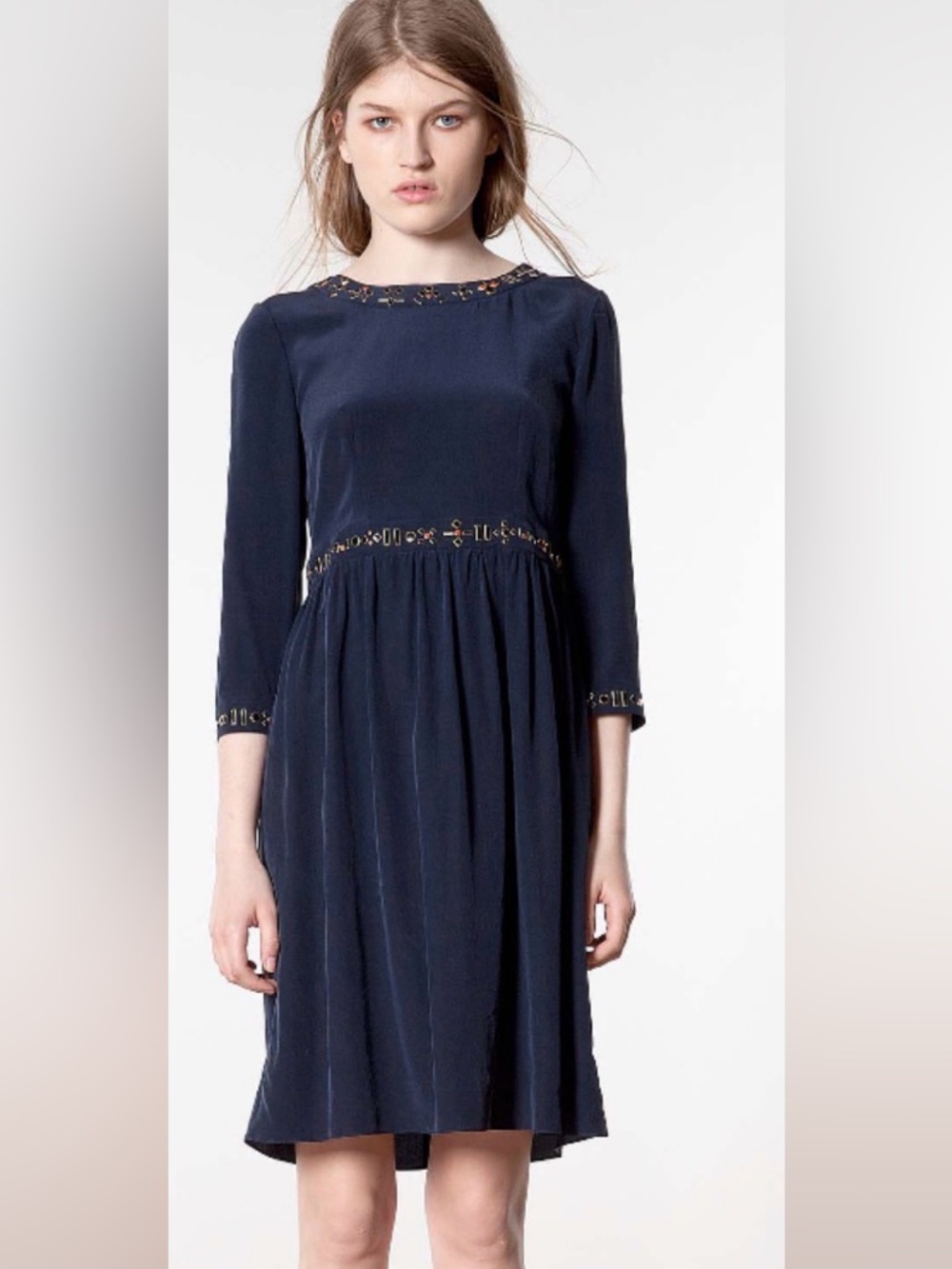 Vanessa Bruno Athe Embelished Creepe De Chine Navy Silk Dress Size Small (36)
